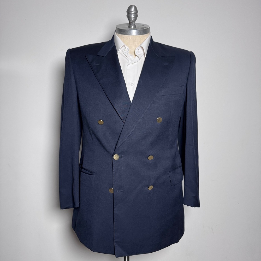 Gieves & Hawkes Blazer Mens 44L Navy Double Breasted Gold Button Peak Lapel